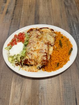 Mexican dish with enchiladas and rice