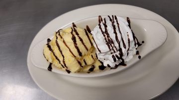 Ice cream dessert with chocolate syrup