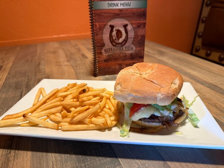 Beef burger with fries on white plate