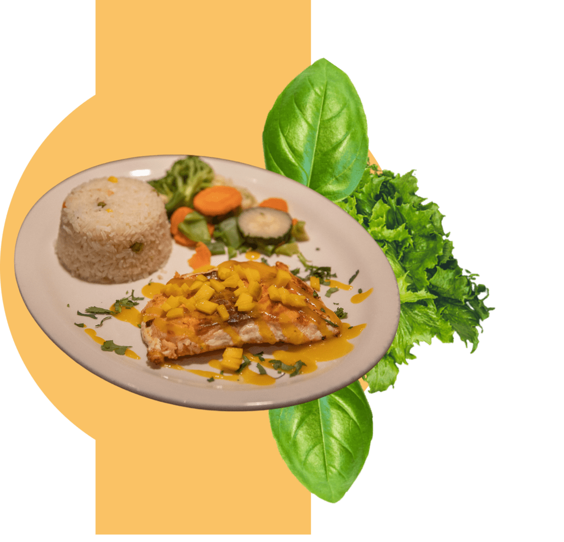 Mango-glazed fish with rice and vegetables