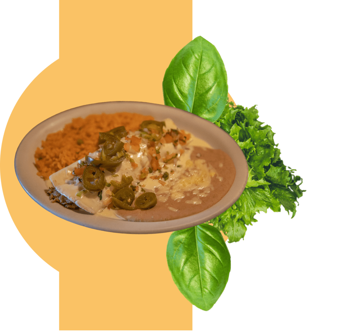 Cheesy enchilada with jalapeños, rice and beans