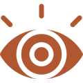 Orange stylized eye icon with rays